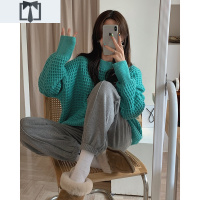SUNTEK 绿色套头毛衣女春秋季宽松软糯慵懒风外穿华夫饼加厚上衣毛衣