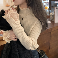 SUNTEK乌77甜美拼接蕾丝花边半高领毛衣宽松显瘦气质杏色毛针织打底衫女毛衣