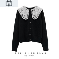 SUNTEK古力娜扎同款法式小众复古娃娃领针织开衫女花边蕾丝领毛衣外套冬毛衣