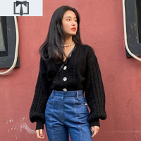 SUNTEK杨采钰徐璐同款黑色毛衣开衫外套女V领麻花宽松气质短款针织上衣毛衣