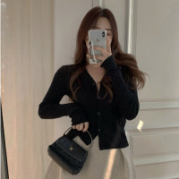 SUNTEK黑色毛衣外套女春季新款韩版外穿修身短款针织开衫上衣蓬蓬半身裙毛衣