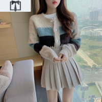 SUNTEK秋冬季2020新款洋气网红气质温柔风毛衣外套加百褶裙子两件套装女毛衣