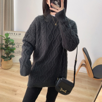 SUNTEK慵懒冬装复古粗棒菱形麻花针织外穿毛衣加厚宽松中长款线衫外套女毛衣