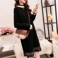 SUNTEK秋冬针织毛衣裙中长款宽松大码2020新款加绒加厚女打底蕾丝连衣裙毛衣
