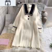 SUNTEK2020秋季学院风针织连衣裙女宽松收腰显瘦中长款长袖百褶毛衣裙子毛衣