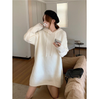 SUNTEK温柔风宽松连帽中长款大帽子毛衣针织打底裙连衣裙女春冬高端名媛毛衣
