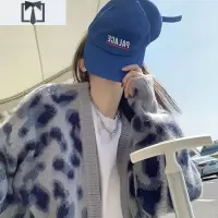 SUNTEK蓝色豹纹针织开衫毛衣外套女春秋装宽松外穿温柔慵懒风中长款上衣毛衣