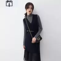 SUNTEK前短后长开叉V领毛衣背心裙中长款韩版藏蓝色无袖毛线针织马甲女毛衣