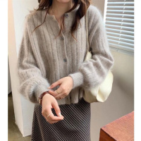 SUNTEK灰色圆领毛衣开衫女秋冬新年新款浣熊绒针织上衣外套毛衫厚毛衣