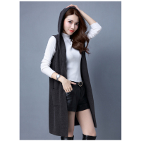 SUNTEK春秋连帽衫针织开衫女中长款无袖马甲背心带帽子毛衣薄款外套外搭毛衣