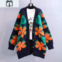 SUNTEK复古花朵加厚毛衣外套女2020年新款秋冬慵懒风港味中长款针织开衫毛衣