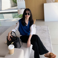 SUNTEK春秋新款针织马甲女背心宽松V领韩版色薄毛无袖毛衣坎肩毛衣