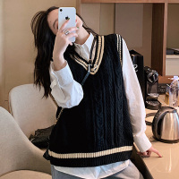 SUNTEK春秋学院风撞色V领针织马甲女宽松学生百搭无袖麻花毛衣背心外穿毛衣