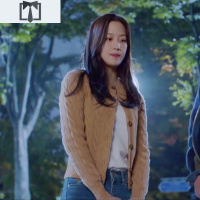 SUNTEK女降临林周京文佳煐同款卡其色麻花短款毛衣针织开衫上衣服女春毛衣