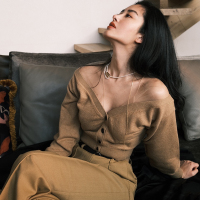 SUNTEK杨采钰同款春秋V领拼接毛衣针织开衫+垂感显瘦直筒拖地长裤套装女毛衣