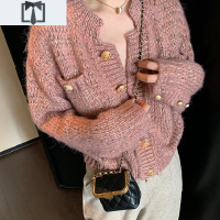 SUNTEK法式复古慵懒宽松粉色毛衣外套女2020秋冬外穿粗线厚短款针织开衫毛衣