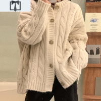 SUNTEK麻花毛衣女宽松外穿秋冬2021新款加厚复古日系慵懒风针织开衫外套毛衣