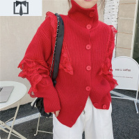 SUNTEK2020冬新款潮牌蕾丝花边拼接加厚毛衣开衫女高领单排扣宽松针织衫毛衣