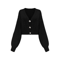 SUNTEK鞠婧祎杨采钰徐璐明星同款V领黑色毛衣外套宽松外穿气质针织开衫毛衣