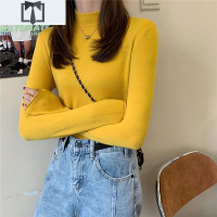 SUNTEK秋冬洋气半高领针织衫女基础款卷边燕麦色薄款毛衣内搭紧身打底衫毛衣