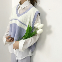 SUNTEK学院风V领毛衣背心女秋冬韩版宽松拼色条纹短款针织衫马甲女上衣毛衣