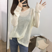 SUNTEK胖MM韩版显瘦大V领宽松中长纯色套头薄针织衫女大码上衣罩衫线衫毛衣