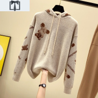 SUNTEK秋冬新款小熊提花套头连帽针织衫韩版宽松长袖毛衣女士卫衣帽子衫毛衣