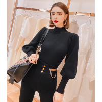 SUNTEK半高领灯笼袖套头针织衫上衣女秋冬2020新款修身显瘦慵懒打底毛衣毛衣
