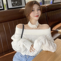 SUNTEK性感一字肩镂空套头毛衣女秋冬新款气质百搭纯色宽松显瘦长袖上衣毛衣