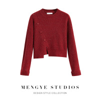 SUNTEK枣红色毛衣女短款2020秋冬新款加厚新年修身内搭打底上衣针织衫毛衣