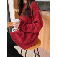 SUNTEK本命新年车厘子红色套头毛衣女秋冬慵懒风宽松粗线麻花针织衫加厚毛衣