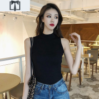 SUNTEK黑色半高领无袖针织背心女春夏外穿百搭上衣打底内搭紧身针织衫潮毛衣