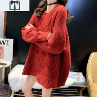 SUNTEK复古新款麻花中长款毛衣裙女外穿宽松秋冬慵懒风菱格套头针织衫毛衣