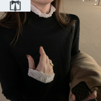 SUNTEK秋冬半高领蕾丝花边拼接黑色毛衣女长袖宽松打底针织衫洋气上衣女毛衣