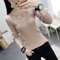 SUNTEK低领打底贴身毛衣女套头秋冬镂空蕾丝拼接网纱修身短款内搭针织衫毛衣