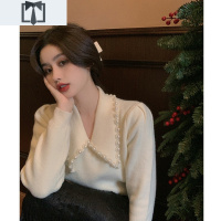 SUNTEK娃娃领毛衣女日系加厚外穿冬季温柔风宽松重工珍珠复古针织衫外套毛衣