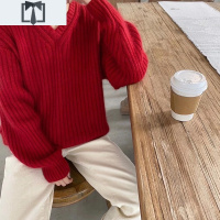 SUNTEK新年红色v领毛衣女秋冬新款韩国软糯套头宽松慵懒打底针织衫毛衣