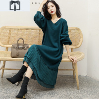 SUNTEK大码臧肉上衣针织衫连衣裙胖妹妹打底毛衣裙雪纺拼接宽松过膝长裙毛衣