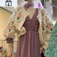 SUNTEK重工刺绣花朵手工勾花毛衣女秋冬宽松外穿开衫粗毛线古着针织外套毛衣