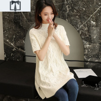 SUNTEK秋冬新款纯色后背绑带半高领半袖中长款针织衫宽松短袖套头毛衣女毛衣