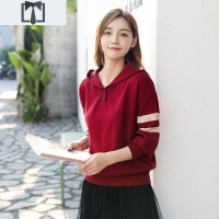 SUNTEK芊艺酒红色带连毛衣女2020秋装新款长袖简约针织衫外穿显白洋气毛衣