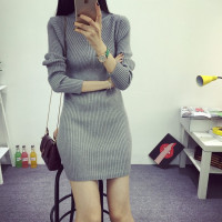 SUNTEK秋冬半高领毛衣女套头加厚打底衫中长款韩版修身连衣裙包臀针织衫毛衣