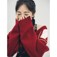 SUNTEK明星杨幂同款中长款毛衣V领卡通米奇长袖拼接针织衫宽松外穿女冬毛衣