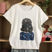 SUNTEK新款女装棉短袖夏季圆领套头t恤女斯琴风格宽松文艺大码针织衫毛衣