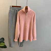 SUNTEK高领拉链粉色毛衣女秋冬复古港味宽松套头设计感小众针织衫中长款毛衣