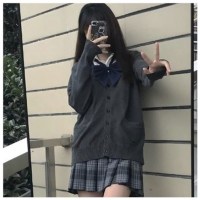 SUNTEK日系jk制服学院风针织衫基础款秋冬v领开衫毛衣外套学生校服班服毛衣