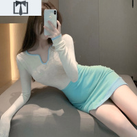 SUNTEK时尚撞色拼接性感开叉假两件针织连衣裙女新款百搭包臀毛衣裙短裙毛衣