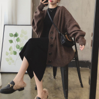 SUNTEK大码女装2020新款秋冬装胖妹妹针织加厚毛衣中长款宽松开衫外套女毛衣