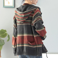 SUNTEK春秋宽松大毛衣开衫外套中长款松垮慵懒连帽长袖大码女装条纹毛衣