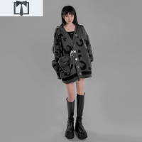 SUNTEK 灰色大豹纹宽松针织毛衣开衫大外套女春秋季新金属朋克毛衣